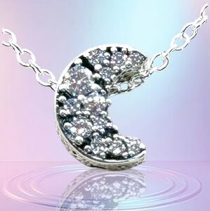NWOT Sterling silver pave crescent moon charm pendant necklace 18”